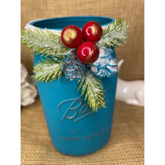 Christmas Glass Jar Ball  /  Turquoise Christmas Glass Jar with Wide Mouth Ball - Picture 7 of 11
